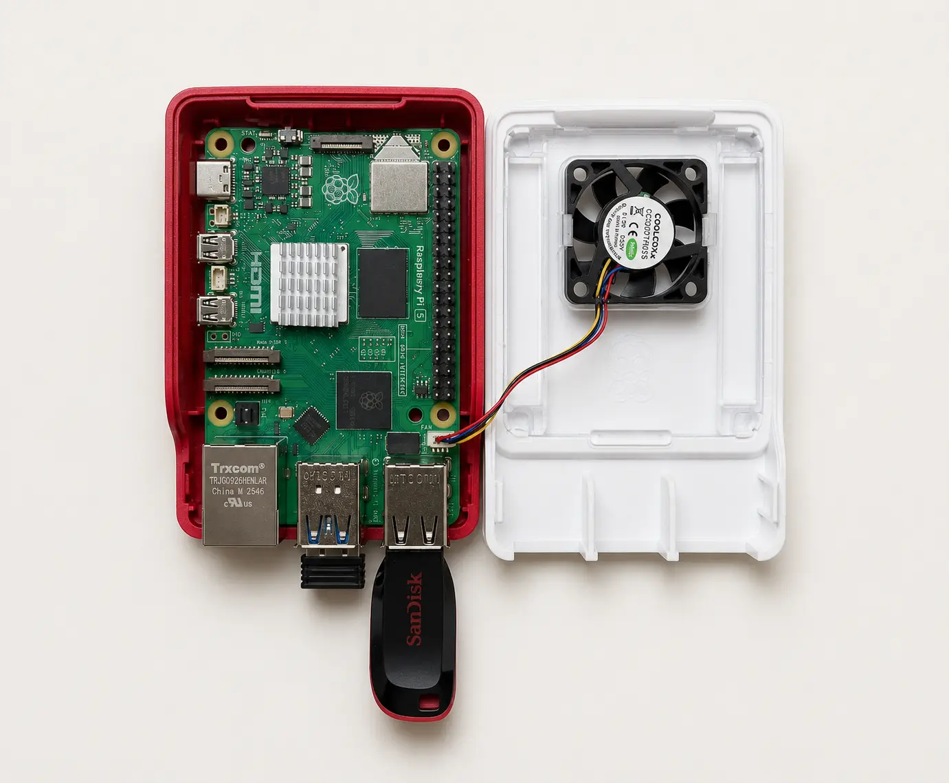 Raspberry Pi 5 in its case with the cooling fan visible